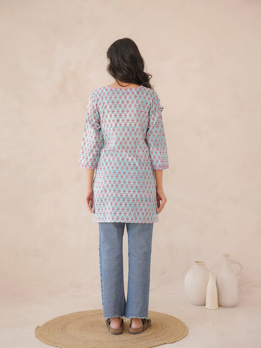 3/4th Sleeve Short Gauhar Kurti Sky-Blue
