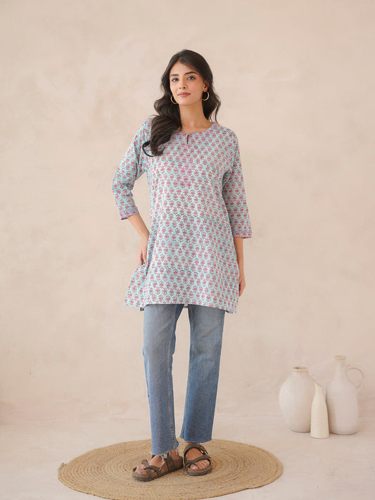 3/4th Sleeve Short Gauhar Kurti Sky-Blue