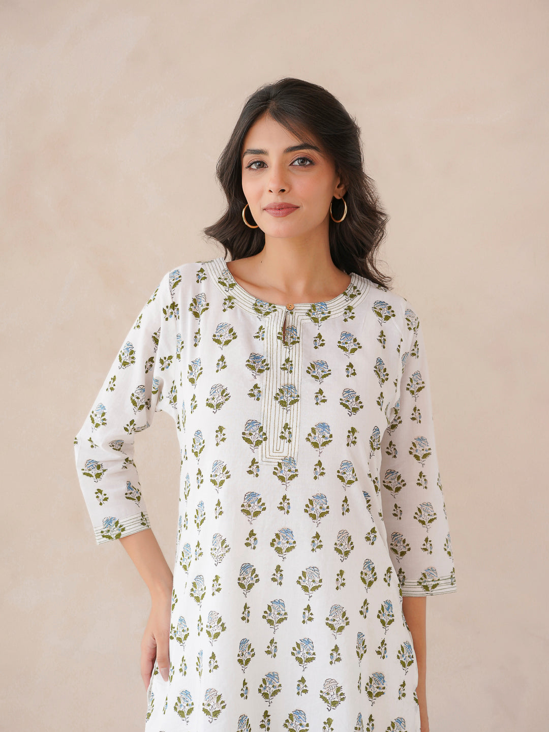 3/4th Sleeve Short Gauhar Kurti White
