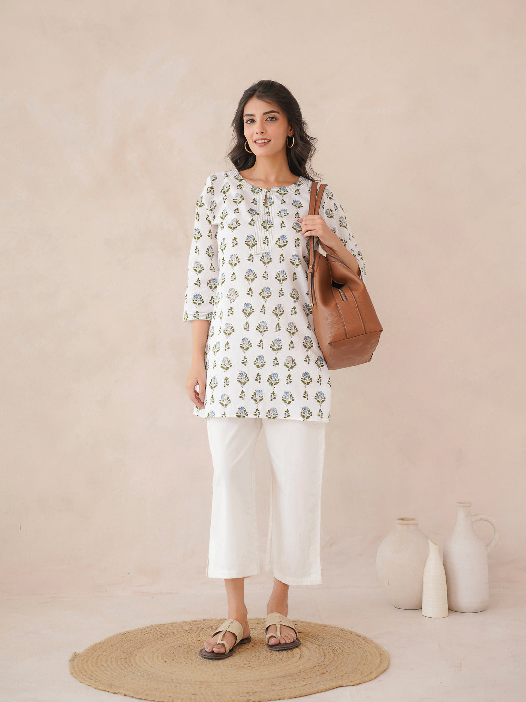 3/4th Sleeve Short Gauhar Kurti White