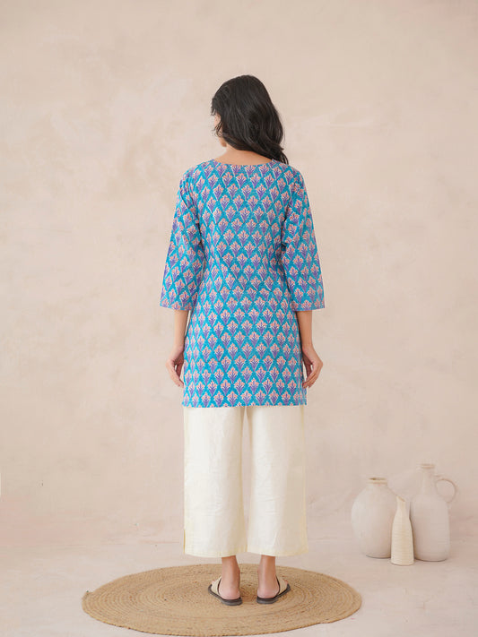 3/4th Sleeve Short Gauhar Kurti Light Blue