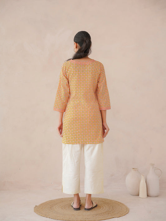 3/4th Sleeve Short Gauhar Kurti Yellow