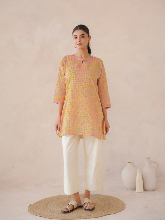 3/4th Sleeve Short Gauhar Kurti Yellow