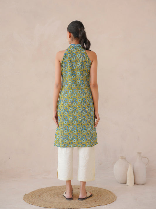 Sleeveless Cotton Halter Neck Kurti Green