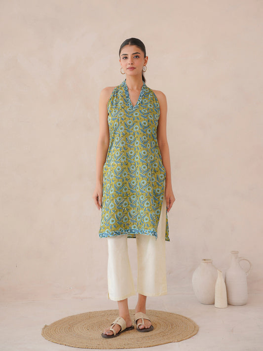 Sleeveless Cotton Halter Neck Kurti Green