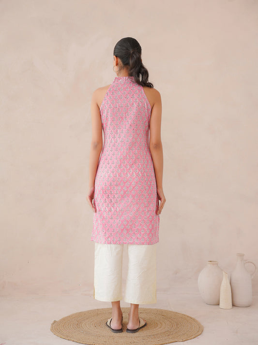 Sleeveless Cotton Halter Neck Kurti Light Pink