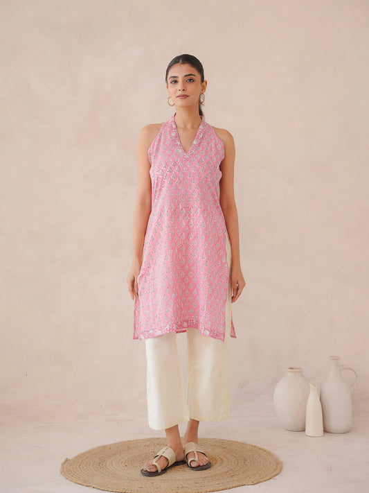 Sleeveless Cotton Halter Neck Kurti Light Pink