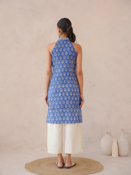 Sleeveless Cotton Halter Neck Kurti Royal Blue