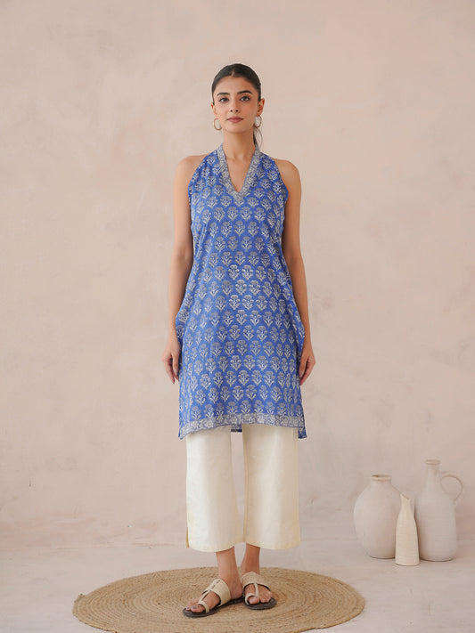 Sleeveless Cotton Halter Neck Kurti Royal Blue