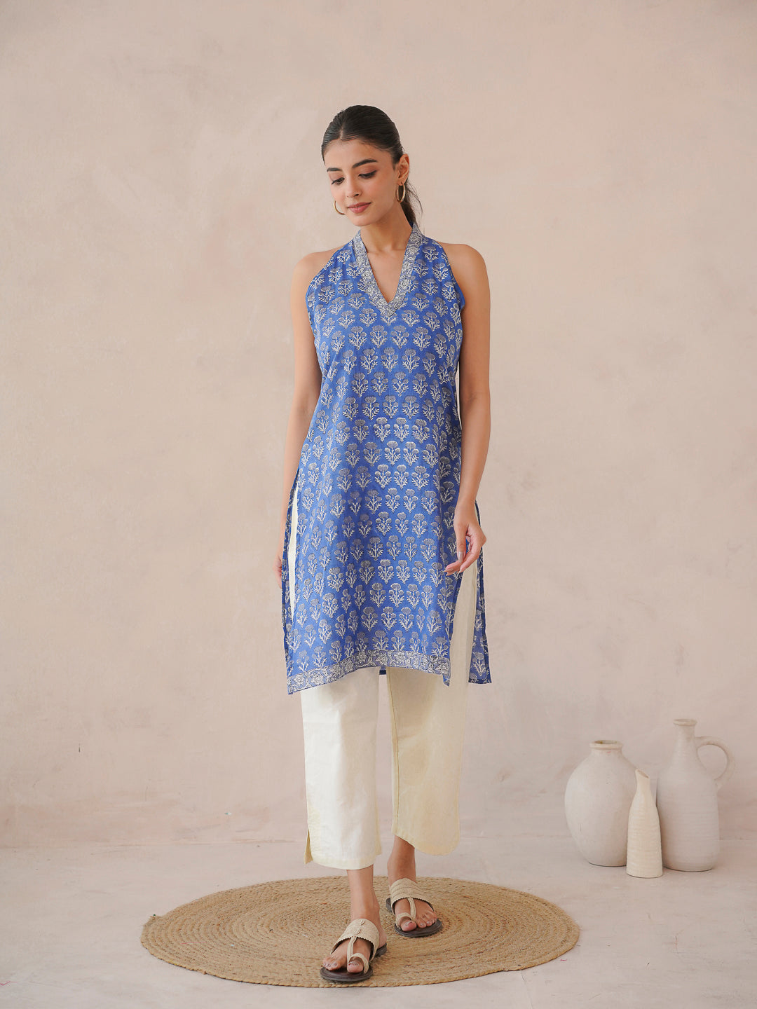 Sleeveless Cotton Halter Neck Kurti Royal Blue