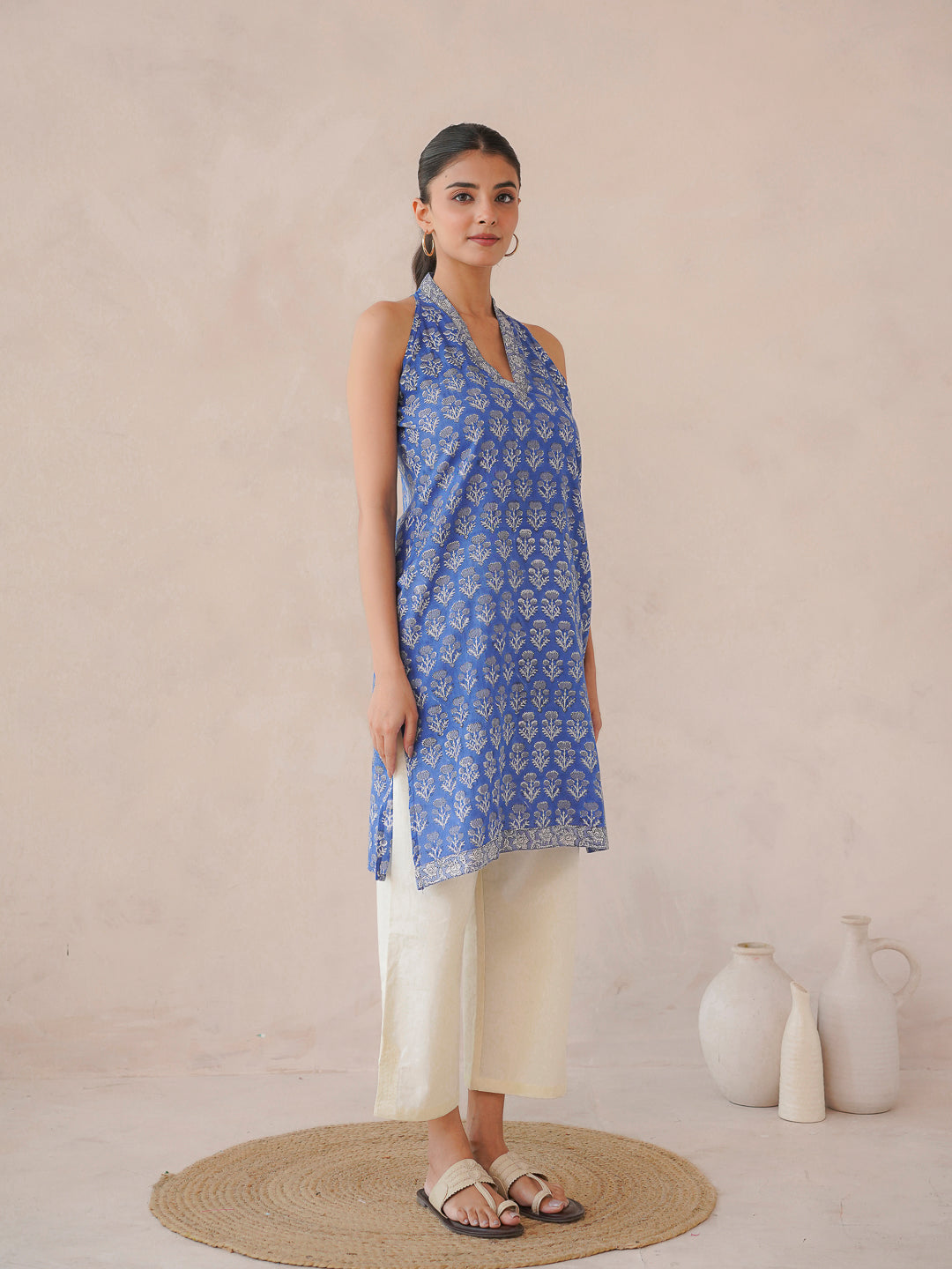 Sleeveless Cotton Halter Neck Kurti Royal Blue