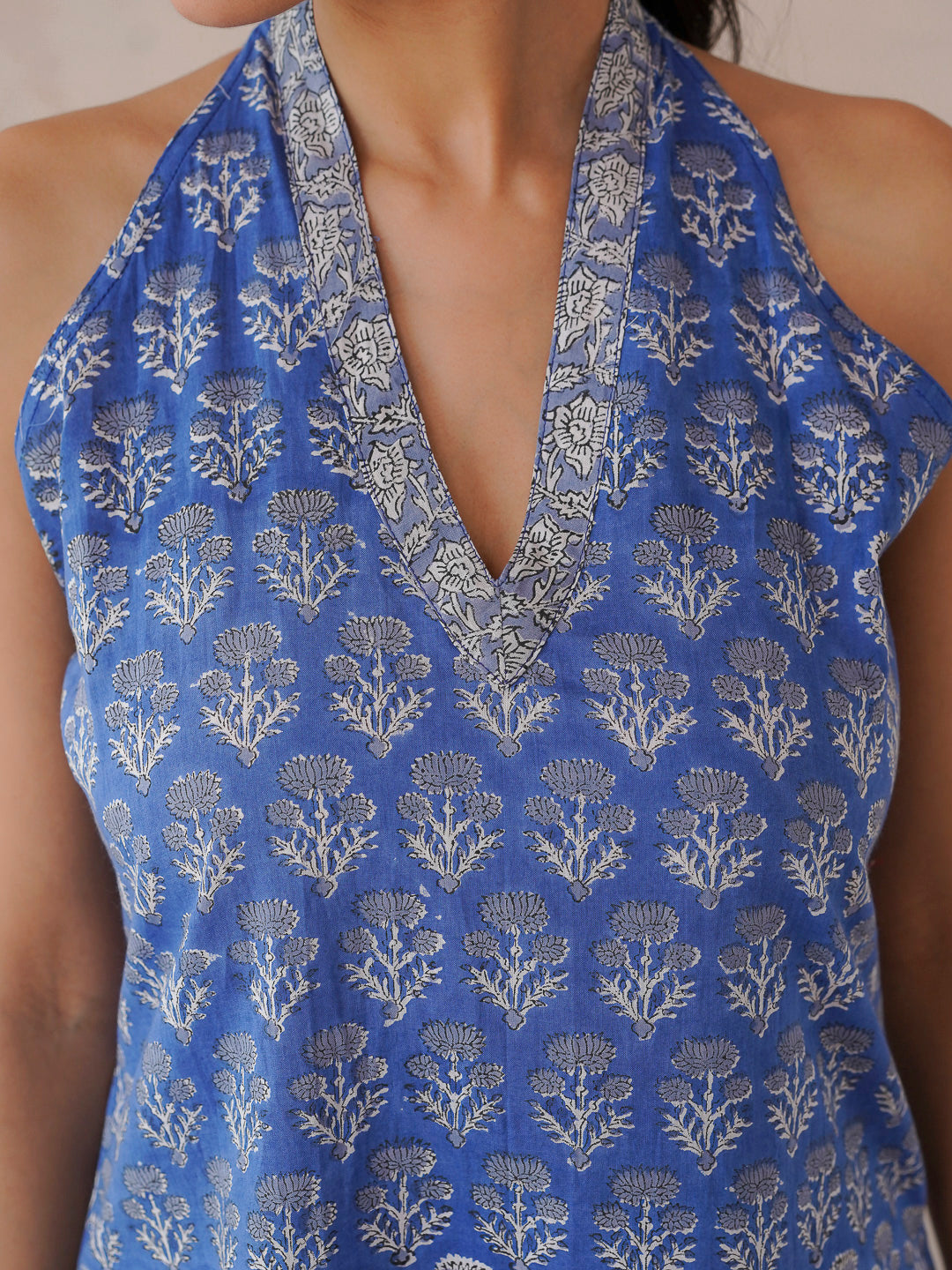 Sleeveless Cotton Halter Neck Kurti Royal Blue