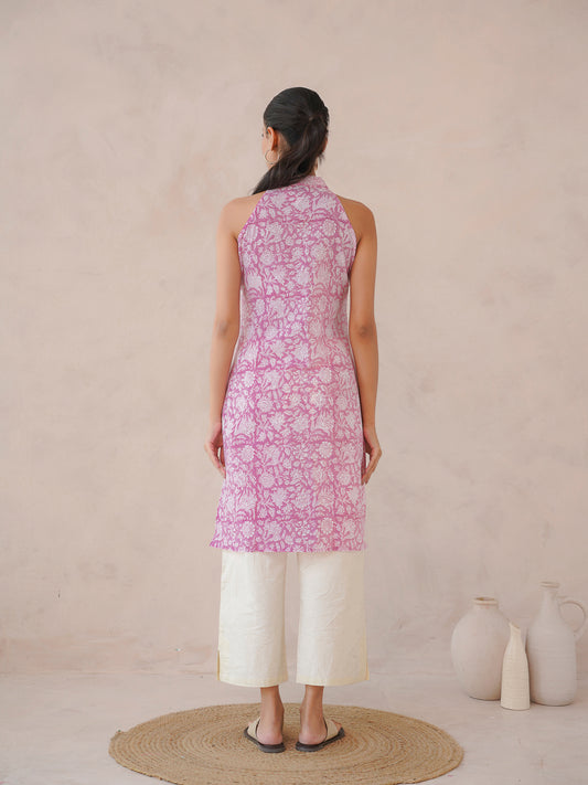 Sleeveless Cotton Halter Neck Kurti Pink