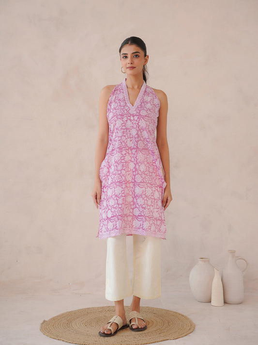 Sleeveless Cotton Halter Neck Kurti Pink