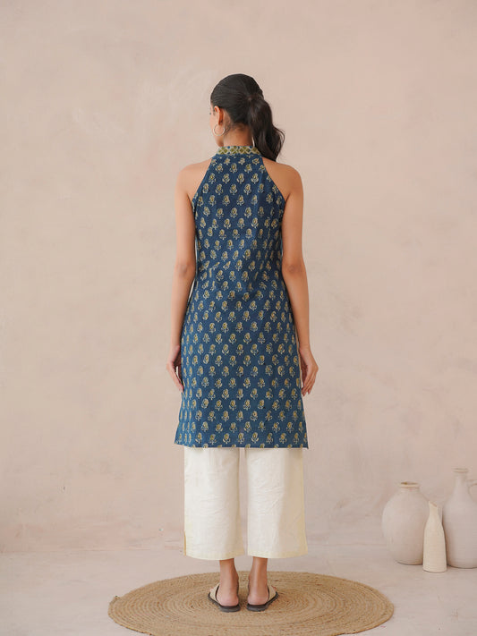 Sleeveless Cotton Halter Neck Kurti Indigo