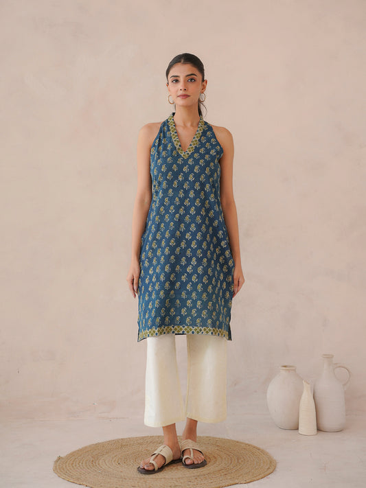 Sleeveless Cotton Halter Neck Kurti Indigo