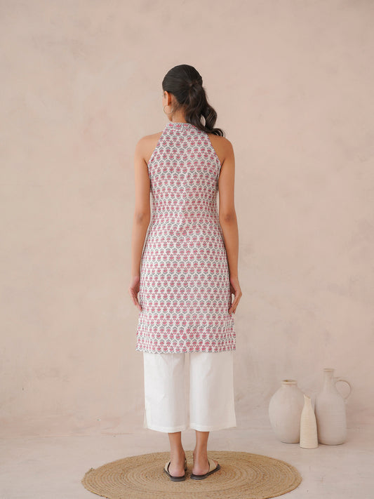 Sleeveless Cotton Halter Neck Kurti White Pink