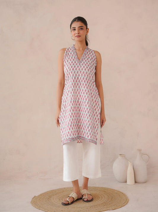 Sleeveless Cotton Halter Neck Kurti White Pink