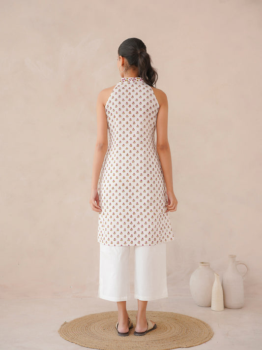 Sleeveless Cotton Halter Neck Kurti White