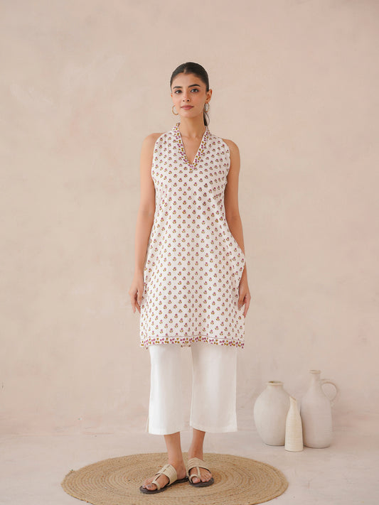 Sleeveless Cotton Halter Neck Kurti White