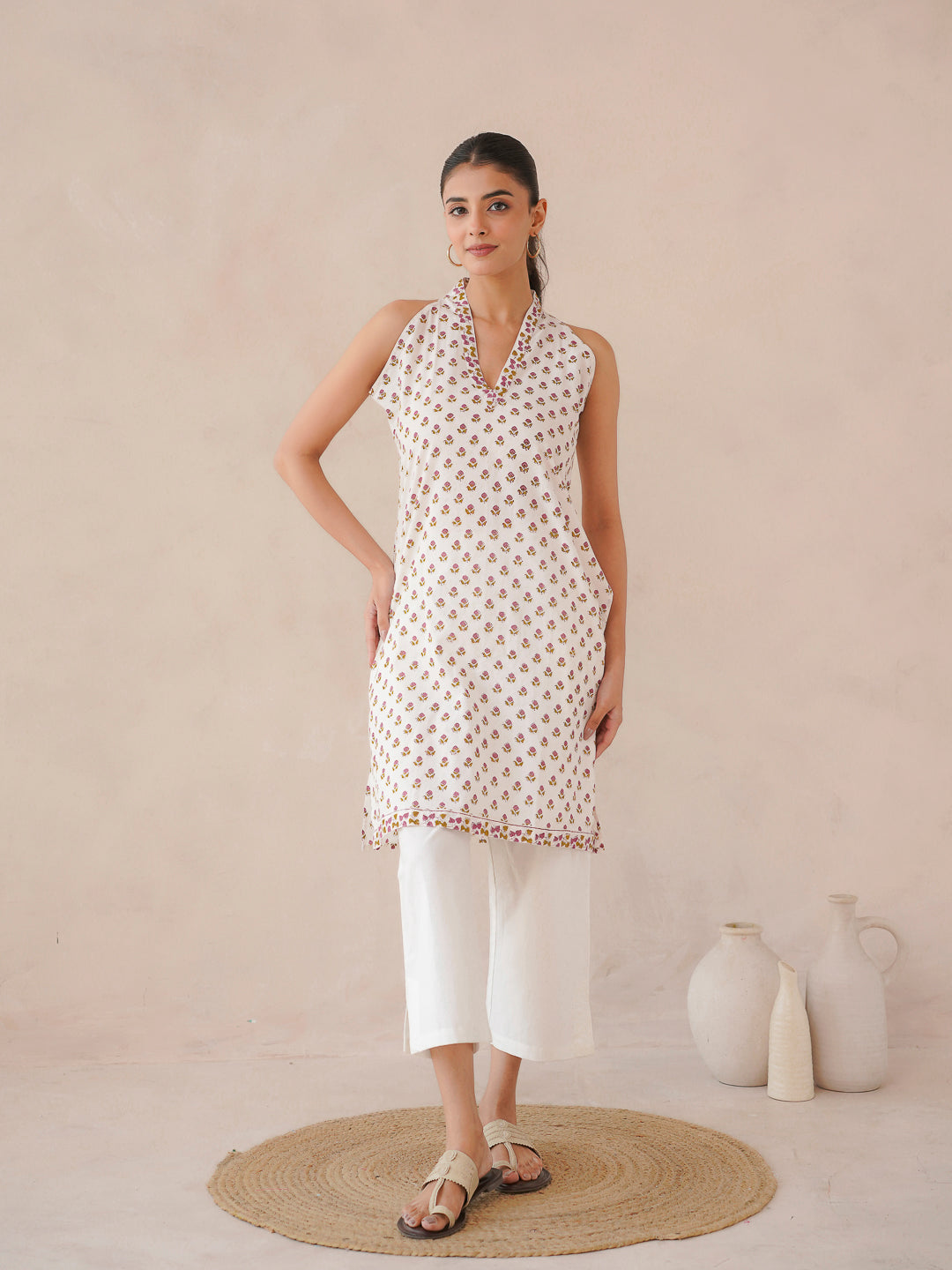 Sleeveless Cotton Halter Neck Kurti White