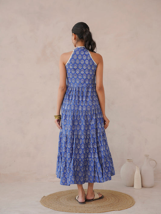 Tiered Halter Neck Dress Royal Blue