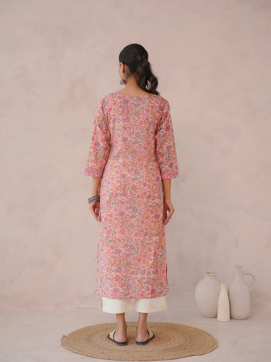 Cotton Block Printed Long Kurta Peach