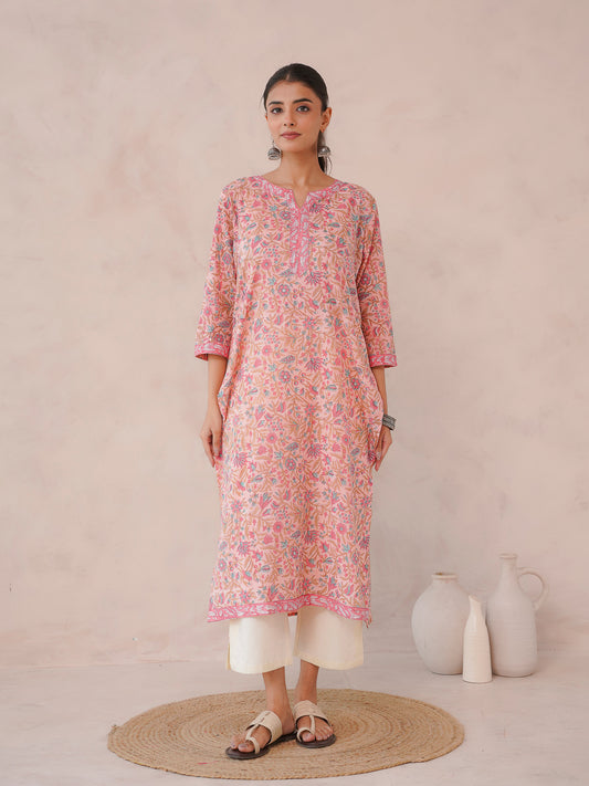 Cotton Block Printed Long Kurta Peach
