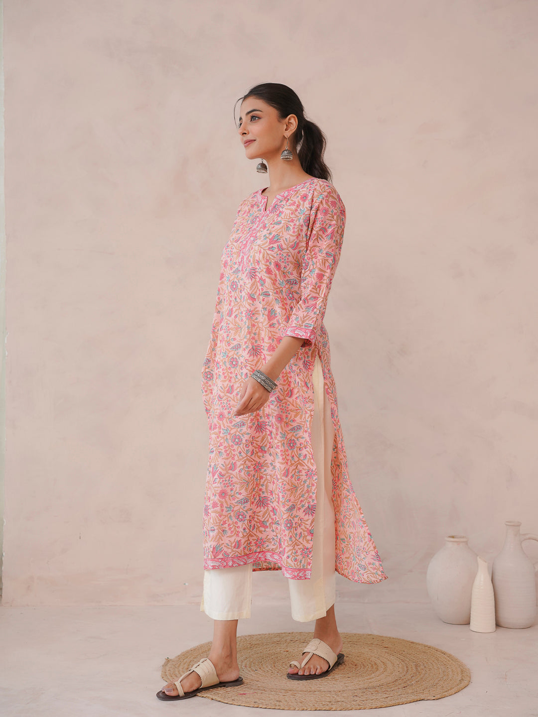 Cotton Block Printed Long Kurta Peach