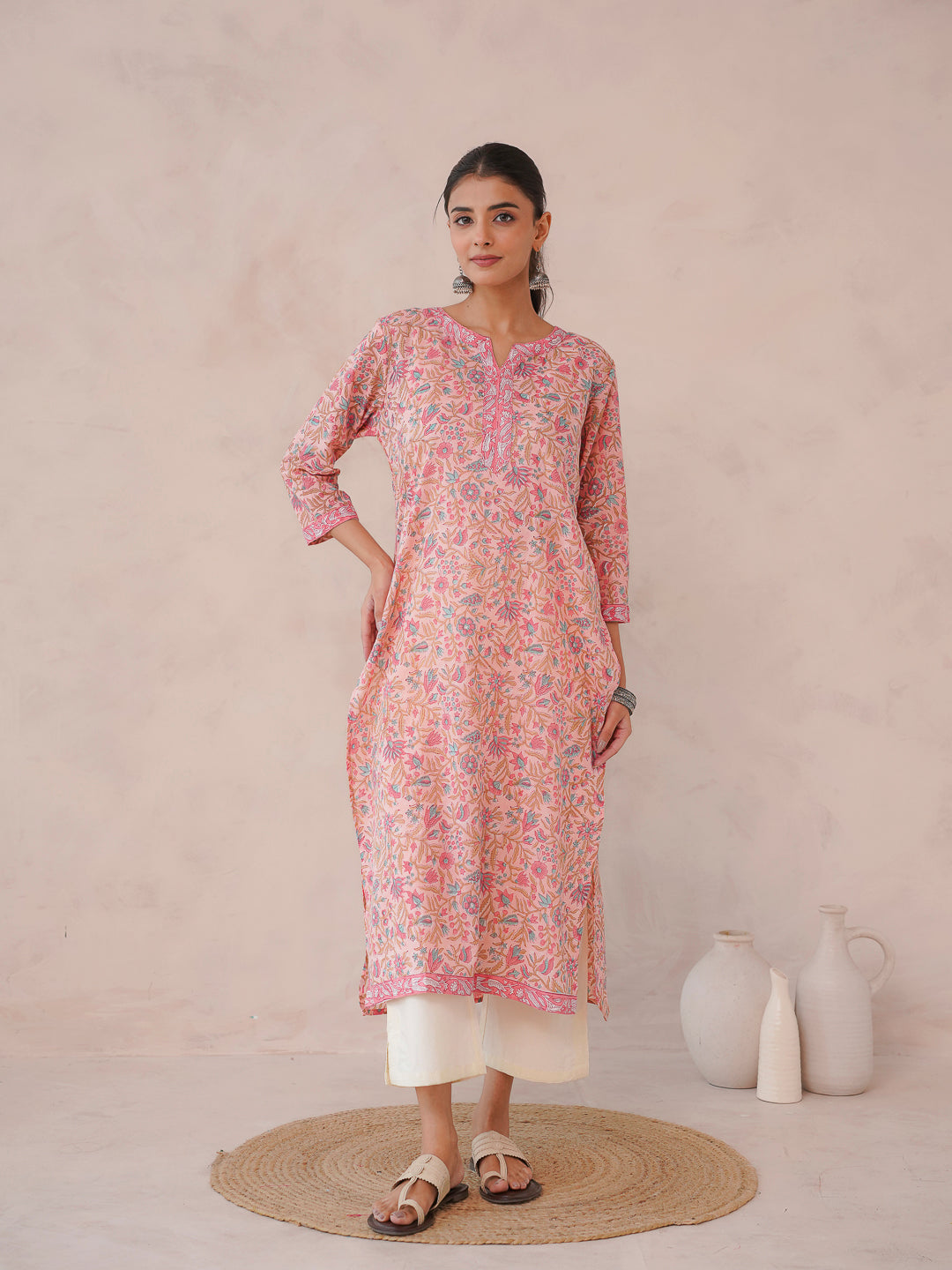Cotton Block Printed Long Kurta Peach