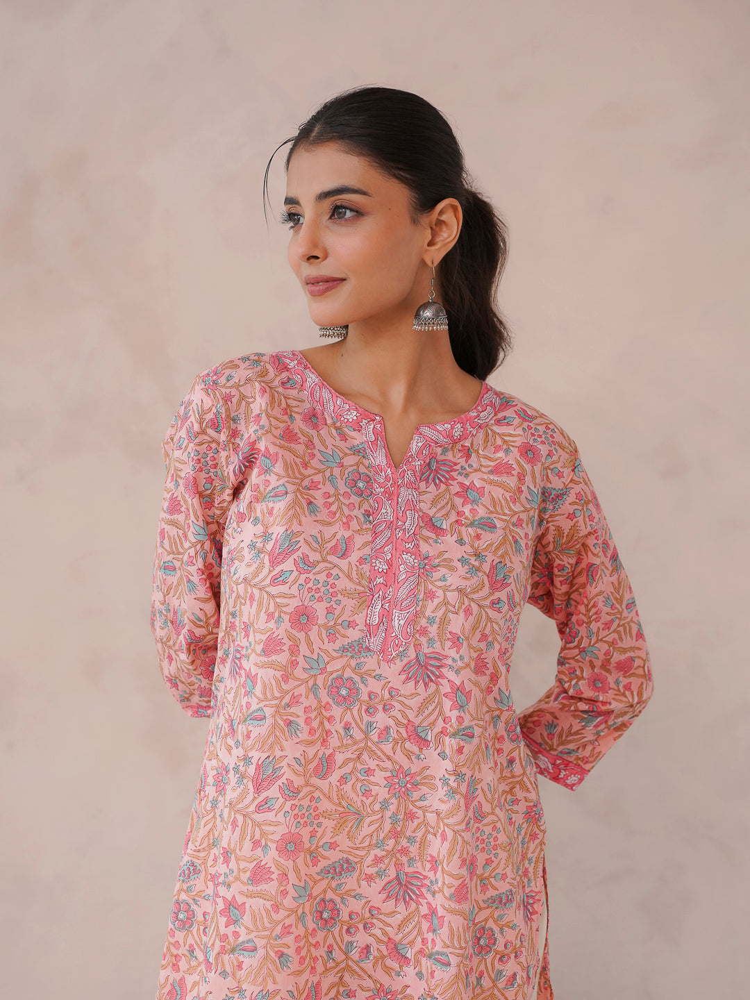 Cotton Block Printed Long Kurta Peach