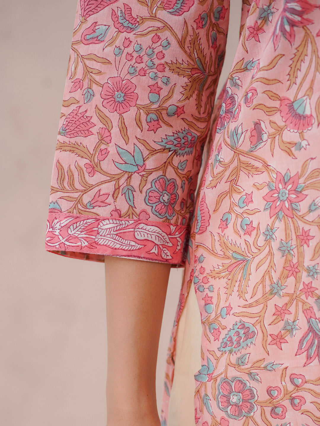 Cotton Block Printed Long Kurta Peach