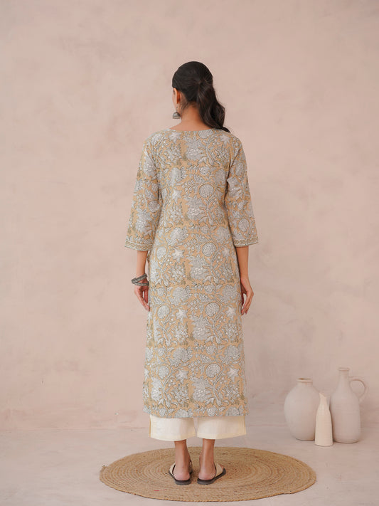 Cotton Block Printed Long Kurta Khaki