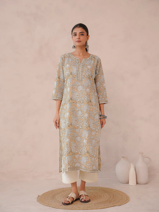 Cotton Block Printed Long Kurta Khaki
