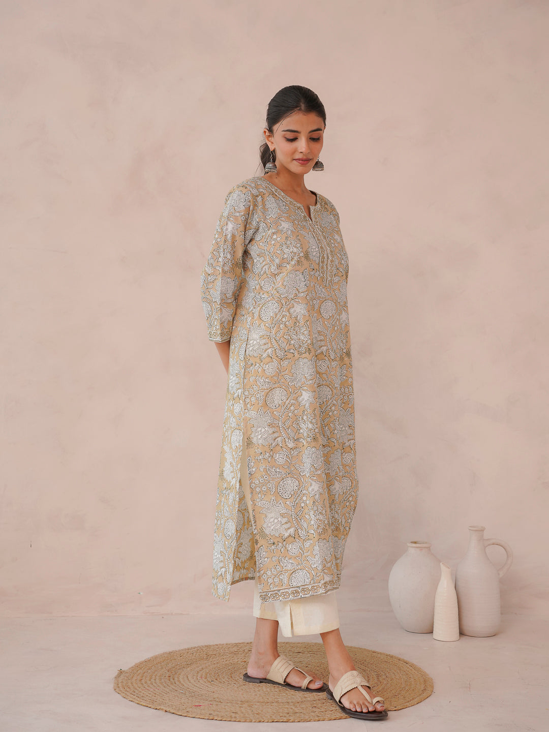 Cotton Block Printed Long Kurta Khaki