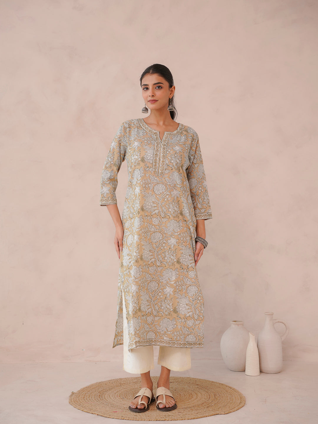 Cotton Block Printed Long Kurta Khaki