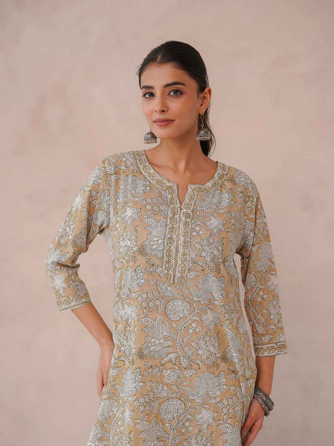 Cotton Block Printed Long Kurta Khaki