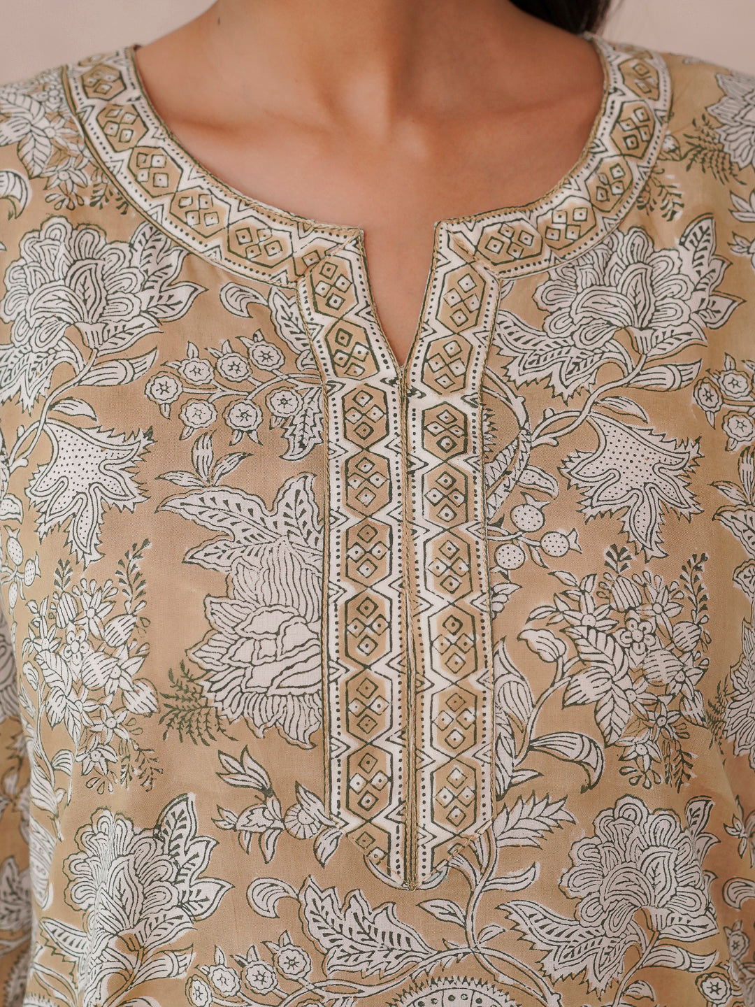 Cotton Block Printed Long Kurta Khaki
