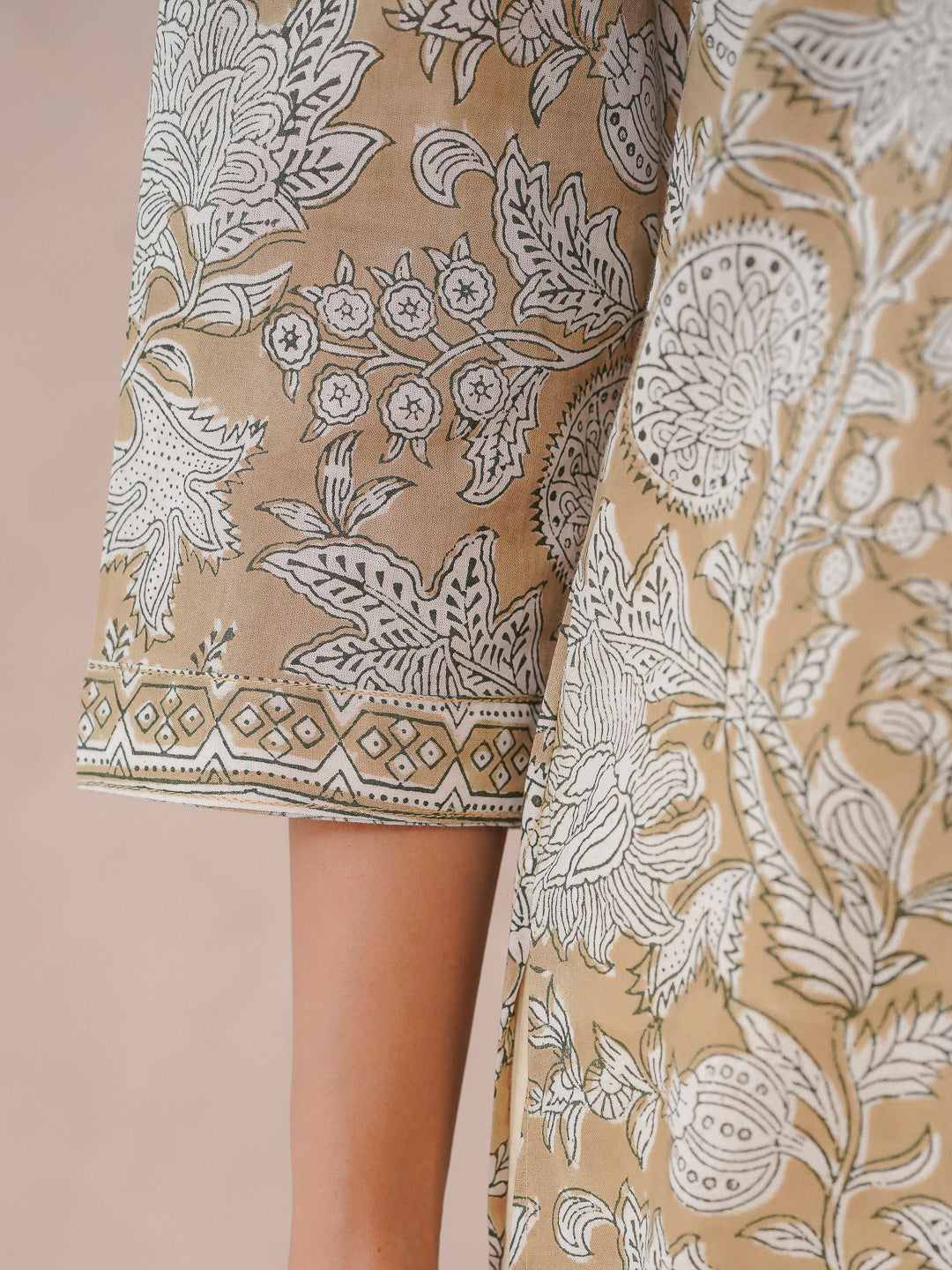 Cotton Block Printed Long Kurta Khaki