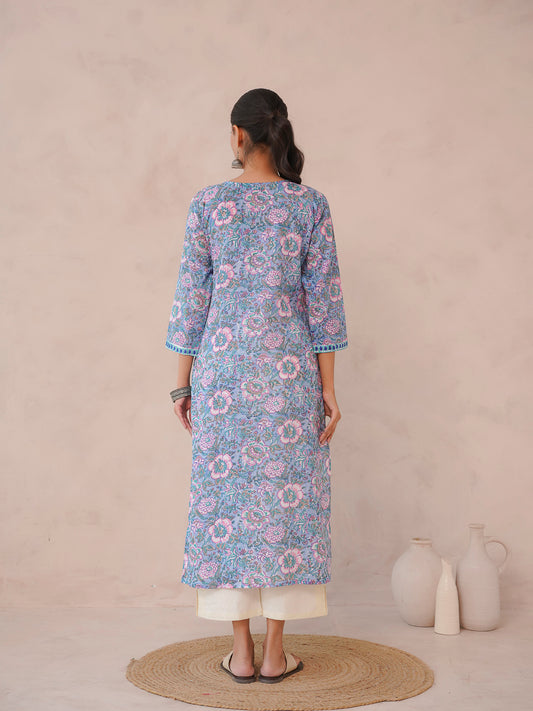 Cotton Block Printed Long Kurta Light Blue