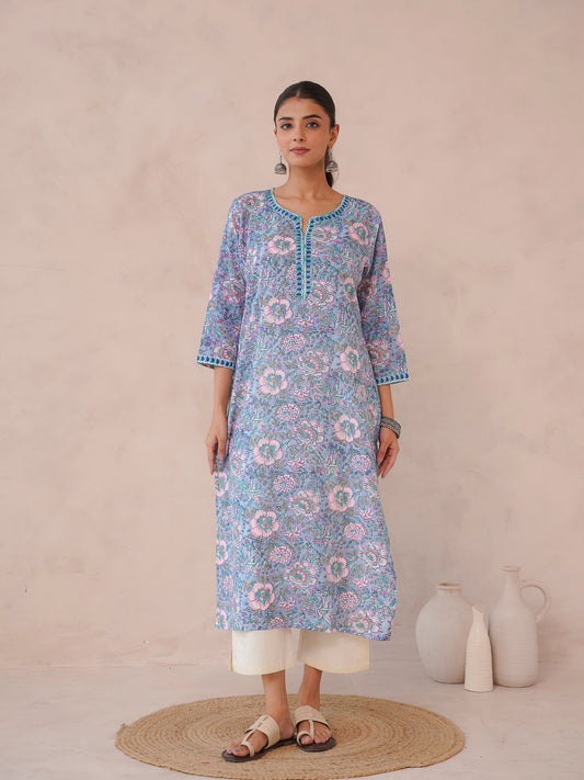 Cotton Block Printed Long Kurta Light Blue