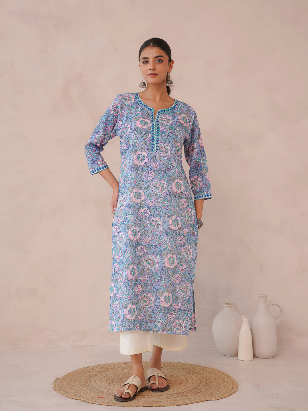 Cotton Block Printed Long Kurta Light Blue