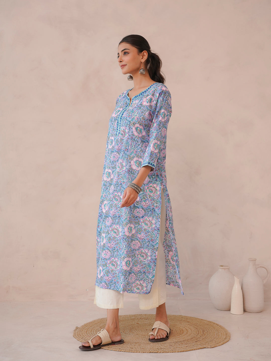 Cotton Block Printed Long Kurta Light Blue