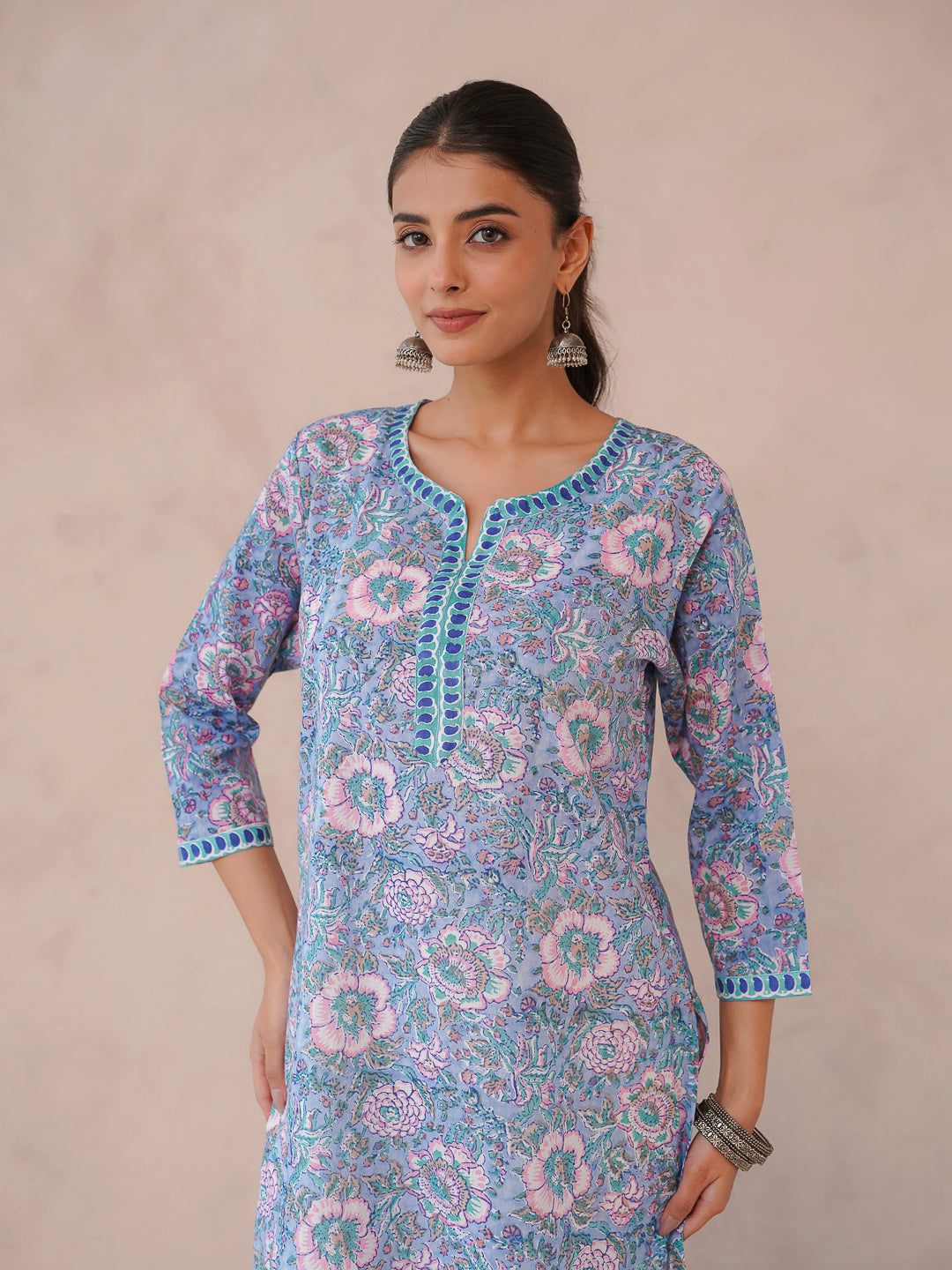 Cotton Block Printed Long Kurta Light Blue