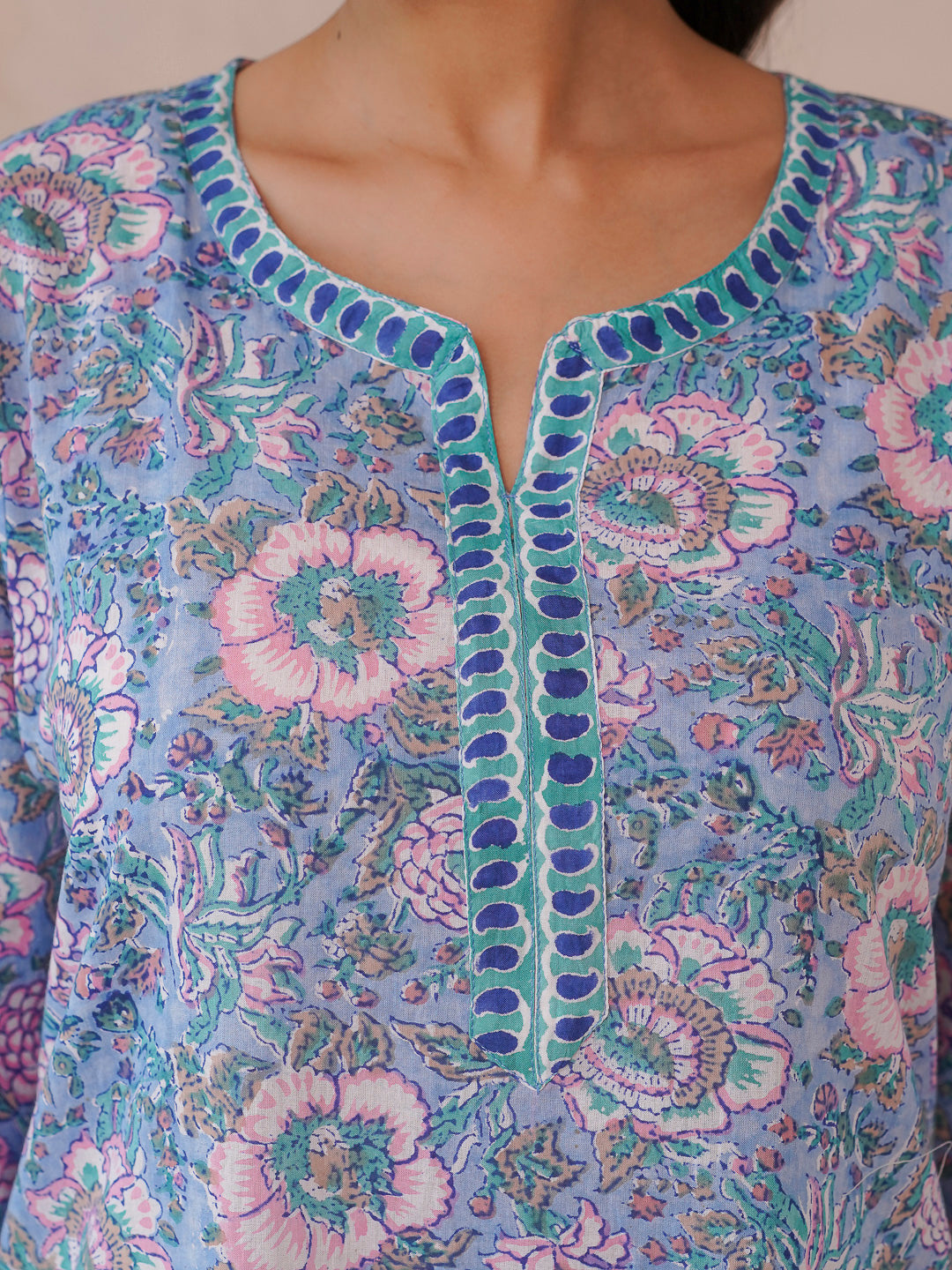 Cotton Block Printed Long Kurta Light Blue