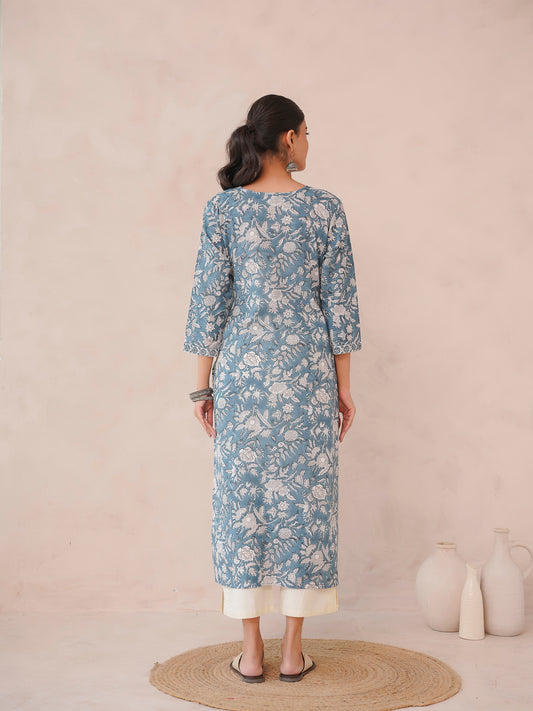 Cotton Block Printed Long Kurta Grey