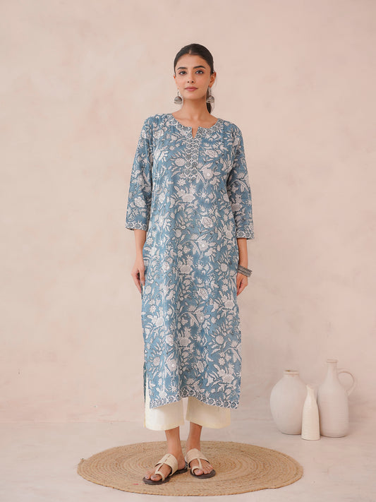 Cotton Block Printed Long Kurta Grey