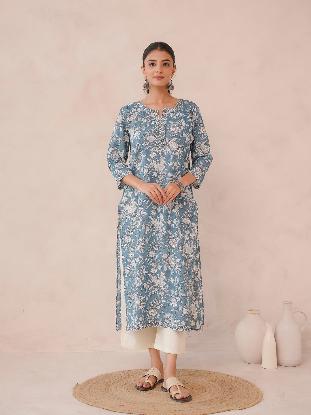 Cotton Block Printed Long Kurta Grey