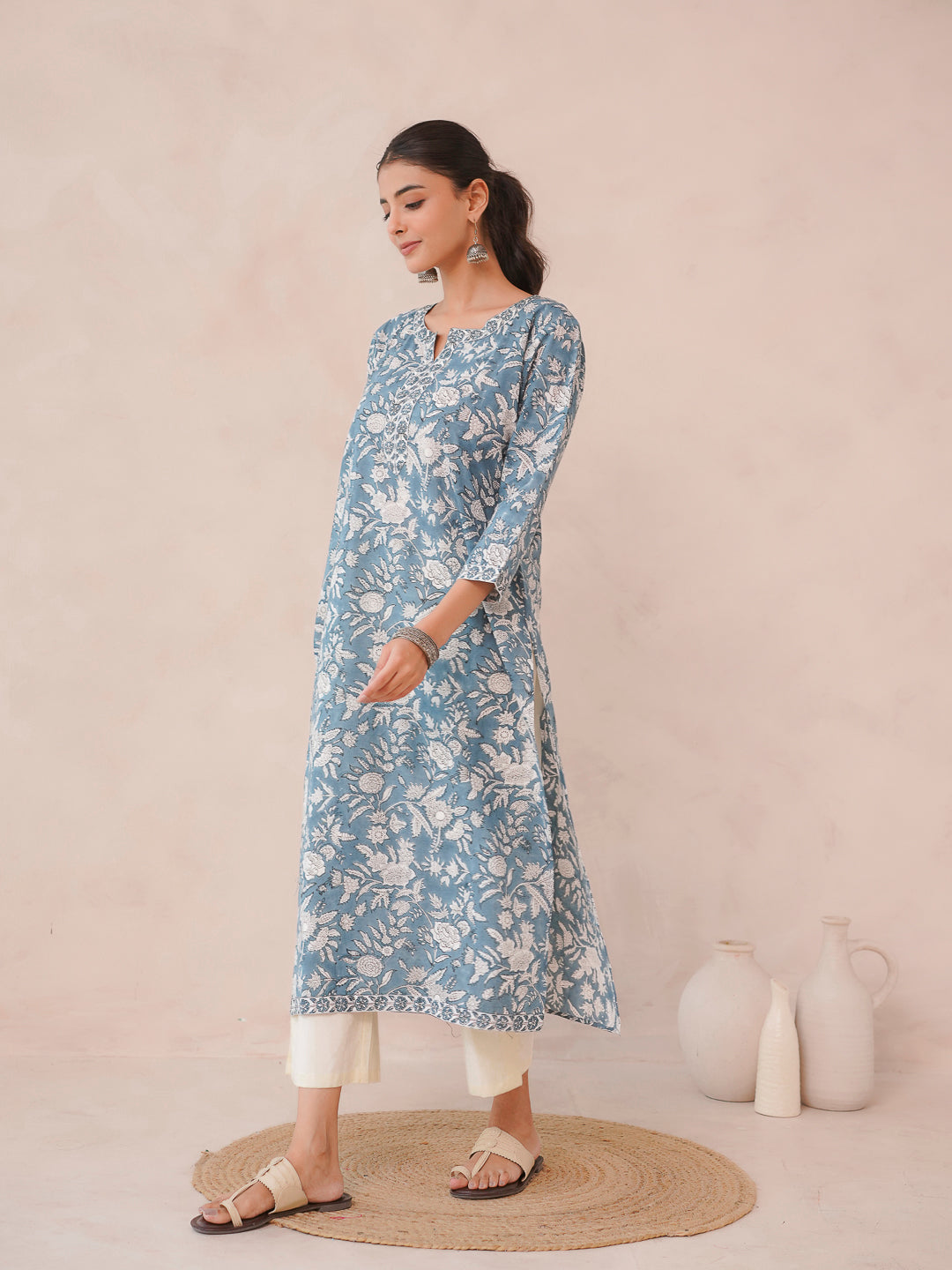Cotton Block Printed Long Kurta Grey