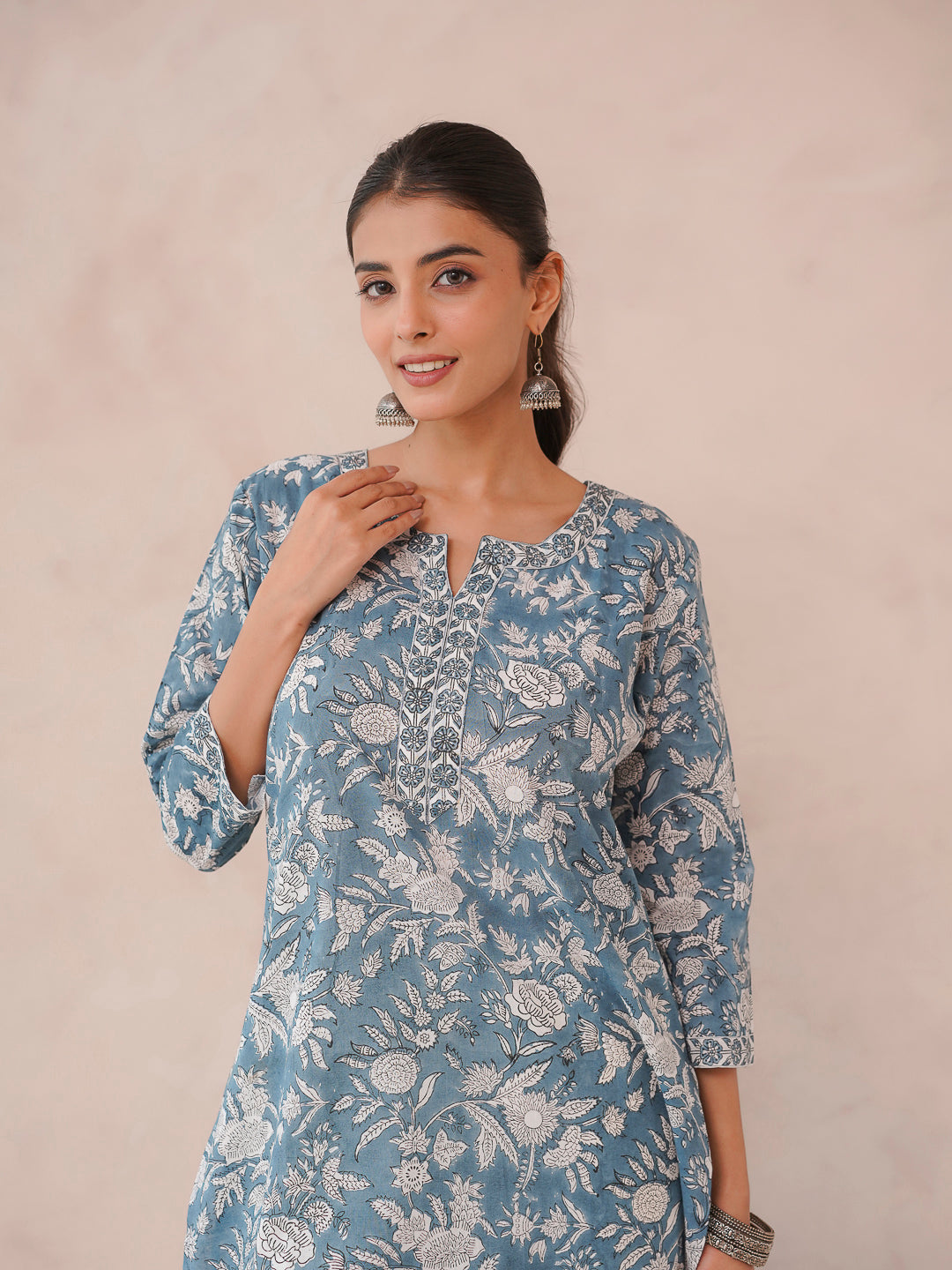 Cotton Block Printed Long Kurta Grey